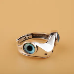 S925 zilveren duivel blauw oog kikker open ring hiphop sieraden voor vrouwen mannen detail