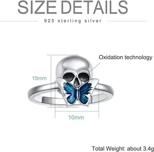 Detail view of vintage 925 sterling silver skull ring with blue butterfly and dimensions.