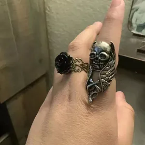 Retro punk skull ring and black rose ring set, vintage gothic alloy jewelry detail view.