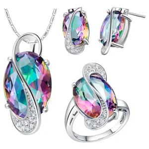 Mode Métal Strass Fleur Parure de Bijoux Ovale Pierre Précieuse Pendentif Collier Boucles d'Oreilles Bague Ouverte Réglable pour Femme Fête Cadeau Bijoux