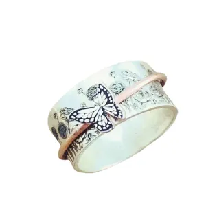 Vintage Schmetterling Spinner Ring für Damen, Anti-Angst Breiter Ring im Two-Tone Design.