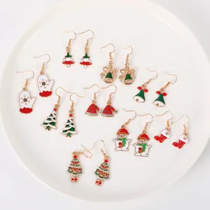 Carini Orecchini di Natale in Lega Smalto Cartone Animato Babbo Natale Albero di Natale Campanelli Orecchini Pendenti Gioielli Regali per Donna