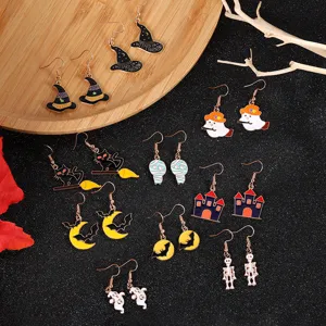 Halloween Alloy Drip Oil Enamel Drop Earrings Cartoon Ghost Skull Wizard Hat Castle Quirky Funny Party Earrings For Women Jewelry