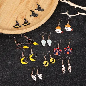 Halloween alloy dangle earrings set featuring cute ghost witch hat skeleton castle.