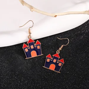 Halloween castle earrings, quirky drop earrings, alloy enamel gothic jewelry for party.