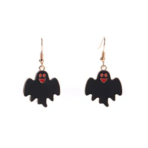 Orecchini pendenti fantasma nero di Halloween con dettagli rossi e ganci dorati moda.