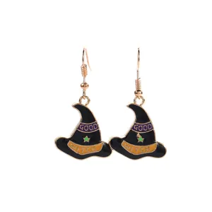 Halloween witch hat drop earrings with cute letter print, gothic black and gold alloy jewelry.