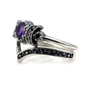 Anello con cristallo viola mezza luna stile gotico argento sterling con stelle