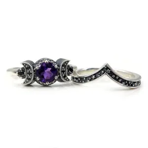 Set di anelli gotici tripla luna con ametista in argento sterling e zirconia nera stile boho