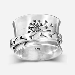 Anello Antistress Argento Sterling 925 con Incisione Tarassaco Anello Girevole Donna