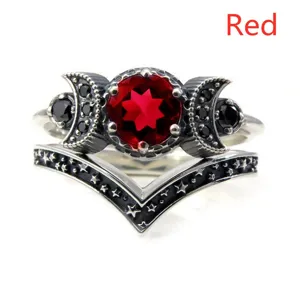 Set di anelli triplo luna gotico argento gemma rossa stile bohémien gioiello top