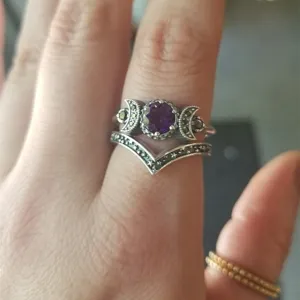 Set di anelli gotici con ametista tripla luna, anello boho dea argento nero vintage.