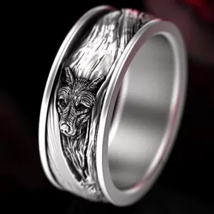 Detailed shot of the retro punk wolf head ring showcasing intricate relief carving.