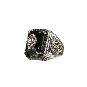 Vintage Herren Retro Ethno Ring Schwarzer Stein Ornament Filigran Geschnitzt Schmuck