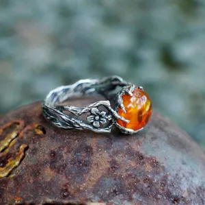 Vintage Thai Silver Amber Stone Imitation Beeswax Flower Ring For Men Women Geometric Branch Engraved Resizable Statement Ring Casual Daily Jewelry Gift