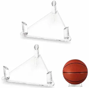 Clear acrylic triangular ball display stand detail, perfect for basketball and football storage.