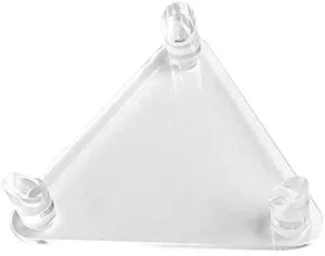 Clear acrylic triangular ball display stand for soccer, volleyball, and bowling spheres.