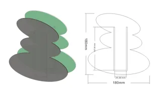 Detaillierte Maßzeichnung der modernen Acryl-Welle-Vase mit exakten Höhen- und Breitenangaben.