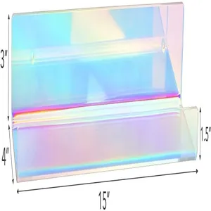Detailed view of iridescent acrylic wall floating shelf with clear dimensions for room decor.