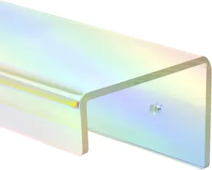 Close-up detail view of the iridescent acrylic floating wall shelf, transparent storage board