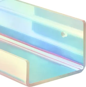 Iridescent acrylic floating wall shelf detail view, modern transparent storage rack.
