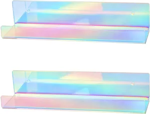 Iridescent acrylic floating shelf detail, transparent wall storage rack texture and finish.