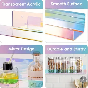 Transparent iridescent acrylic wall shelf detail, showing smooth surface and durable mirror design.