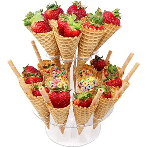 Clear Acrylic Ice Cream Cone Holder Double Layer Transparent Waffle Cone Stand Sushi Roll Display Rack For Birthday Wedding Party Buffet Stand