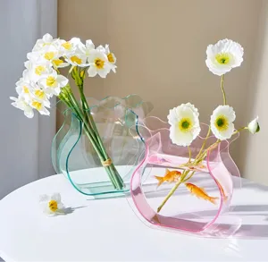 Clear acrylic vase details, creative wave design, perfect for hydroponic plants and micro fish tanks.