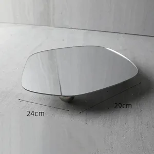 Detailed shot of irregular acrylic mirror jewelry tray display prop with dimension.