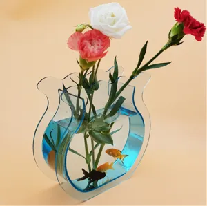 Clear acrylic creative vase detail, modern minimalist hydroponic flower container.