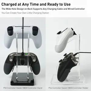 Clear acrylic gaming controller stand, desktop dual holder for PS5 and Xbox controllers.
