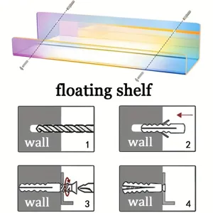Iridescent acrylic floating shelf for wall storage, multi-functional room organizer unit.