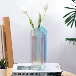 Close-up detail shot of the modern iridescent acrylic arch vase showcasing unique fluted texture.