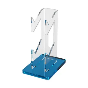 Clear blue acrylic gaming controller stand for desk, durable desktop display holder for wireless gamepad.