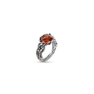 Vintage Thai silver amber stone floral ring main product view showing detailed vine carving.