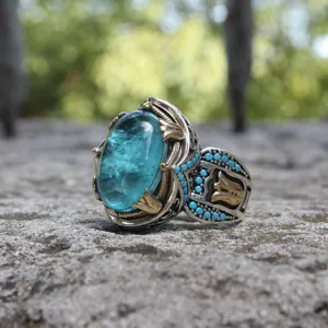Bague Anneau Gravé en Alliage Bicolore Vintage Avec Strass Géométrique Bleu Roi Accent Statement Bague pour Mariage Banquet Unisexe Bijoux Cadeau