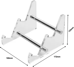 Vista dettagliata del supporto per tastiera in acrilico trasparente con dimensioni e struttura.