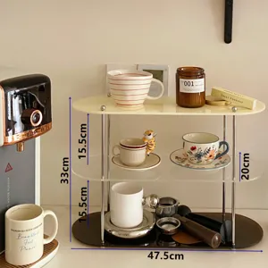 Acrylic desktop storage shelf detail showing dimensions, tier height, and organized aesthetic.