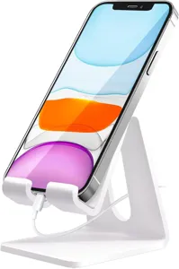 Supporto per telefono in acrilico dettaglio, supporto da scrivania bianco per esposizione.