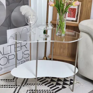 Moderne transparante acryl salontafel met dubbele planken en metalen poten voor de woonkamer.