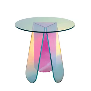 Tavolino basso rotondo in acrilico iridescente moderno, tavolo arcobaleno trasparente.