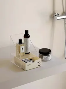 Organizador de escritorio de acrílico transparente con cajón beis para cosméticos, estante.