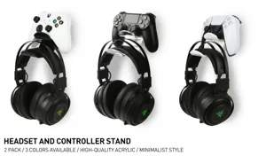 Dettaglio supporto cuffie e controller in acrilico con design a doppio strato.