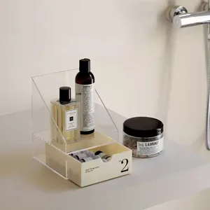 Caja de almacenamiento de escritorio de acrílico transparente con cajón organizador de maquillaje.