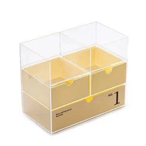 Organizador de escritorio de acrílico transparente con cajones para maquillaje y papelería.