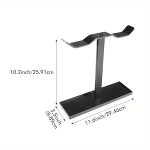 Detail shot of black acrylic headphone stand showing precise dimensions and T-shaped design.