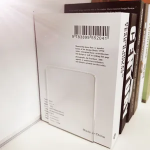 Vue détaillée de serre-livres en acrylique transparent, organisateur de bureau et présentoir.