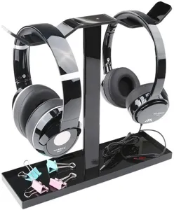 Acrylic double headphone stand detail showing glossy black finish and sturdy base tray design.