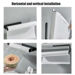 Vue détaillée montrant l'installation horizontale et verticale du porte-essuie-tout noir.